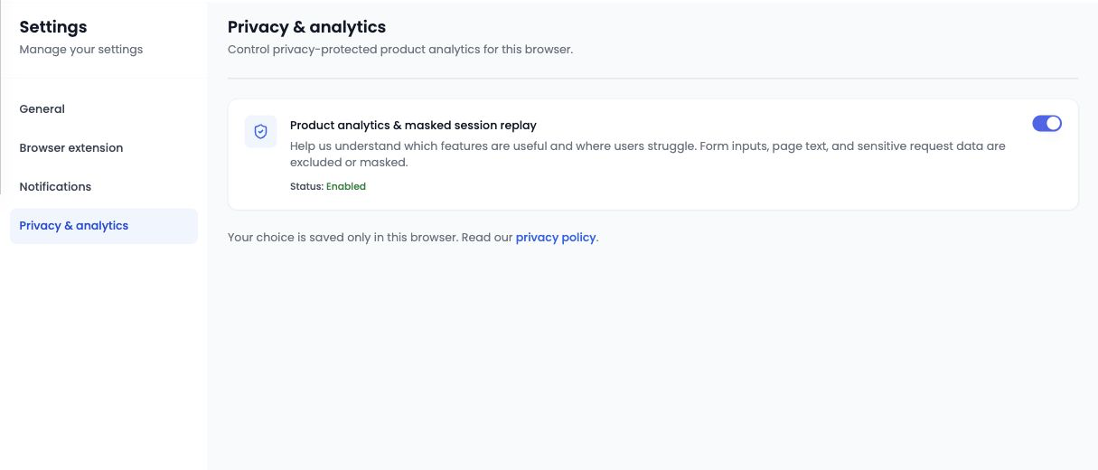 Privacy and Analytics controls in Boza Settings