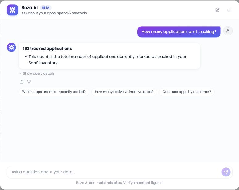 A read-only answer and follow-up suggestions in the Boza AI Assistant