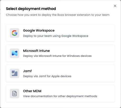 Browser extension deployment choices in Boza Settings