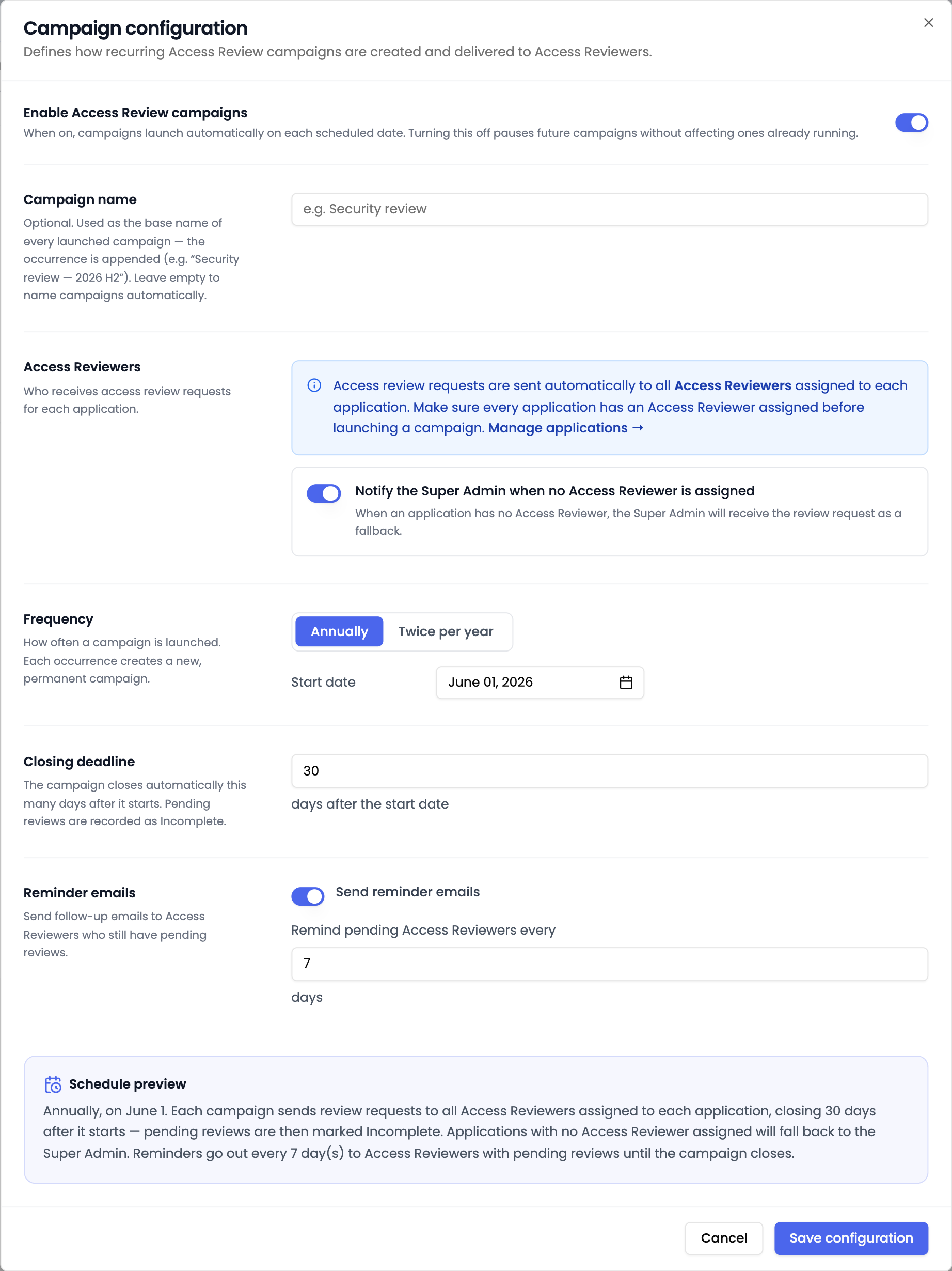Recurring Access Review campaign configuration