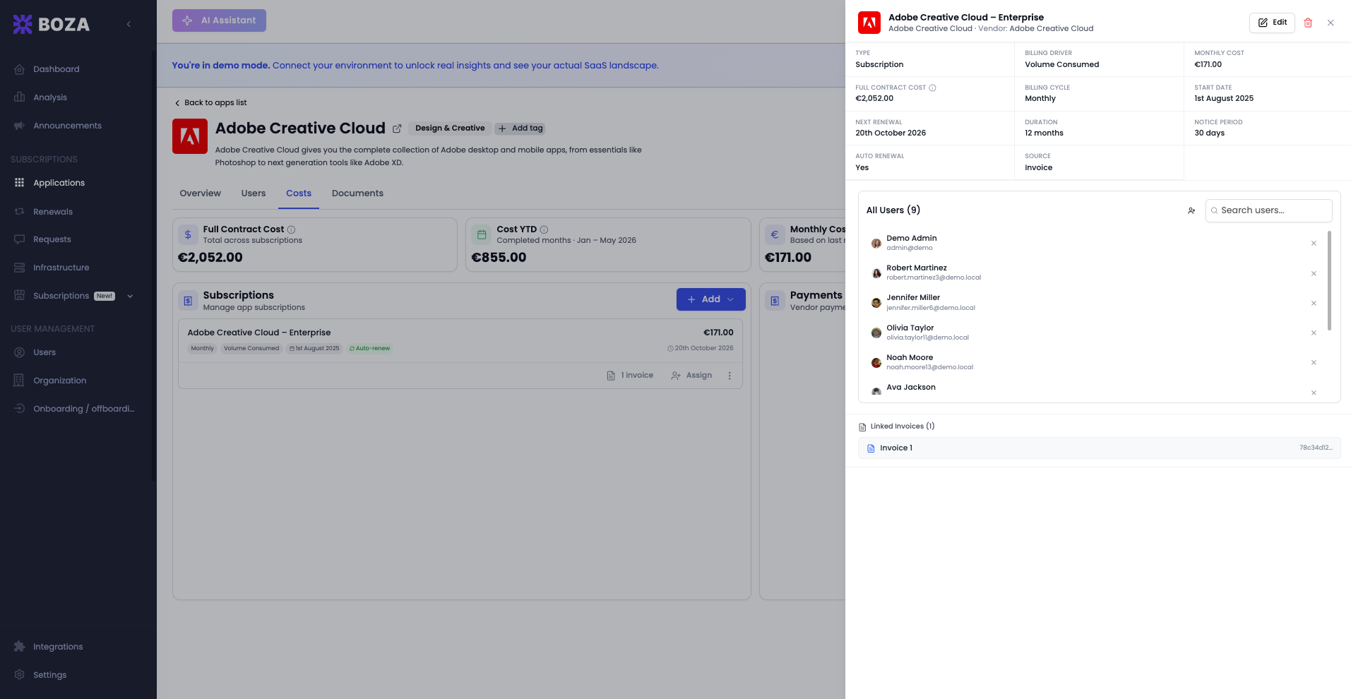 Subscription details in Boza